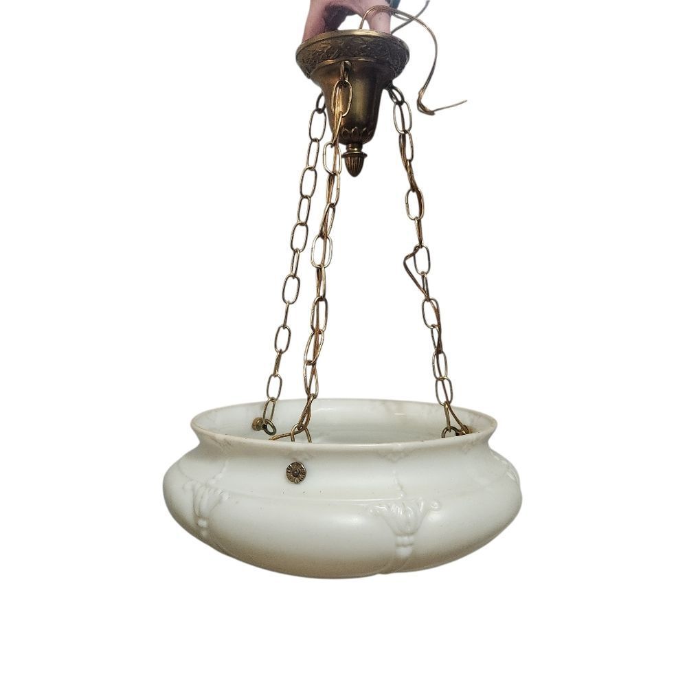 Antique Victorian Style Hanging Ceiling Light Fixture Milk Glass Shade 17” Wide